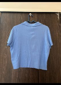 Light Blue Ribbed Collared Crop Top