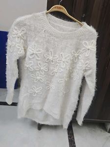 White Fuzzy Sweater with Floral Embellishments