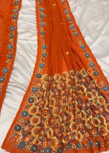 Vibrant Orange Embroidered Saree