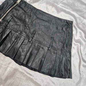 Black Pleated Faux Leather Mini Skort