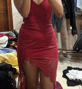 Stunning Red Lace Dress with High Slit