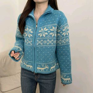 Cozy Blue Nordic Snowflake & Reindeer Zip-Up Sweat