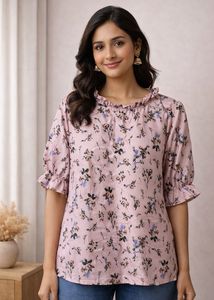 Floral Print Ruffle Neck Top