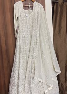 White Party Wear Anarkali Gown &amp; Dupatta