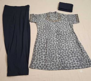 black&amp; grey  short Kurta Set with Dupatta
