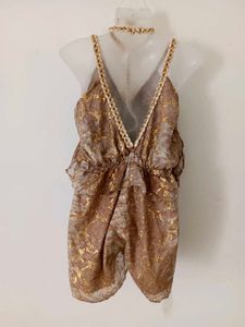 Stunning Gold Print Cold Shoulder romper
