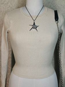 Zara Cream Ribbed Long Sleeve Top