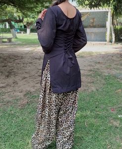 Stylish Black Kurta with animal print farshi salva