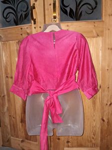 korean Vibrant Pink Tie-Waist Cropped Top