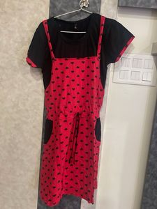 Red Heart Print Pinafore Dress