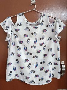 Cute Bird Print Cold Shoulder Top