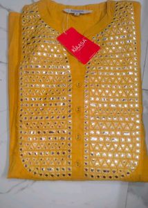 Women's Yellow Kurta with Mirror Work