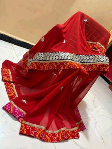 Red Embroidered saree with Mirror Work