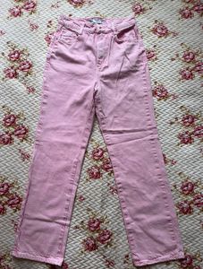 Denim High-Rise Faded Pink Straight Jeans