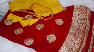 SHIMMERY RED &amp; SILVER SAREE + free gift inside