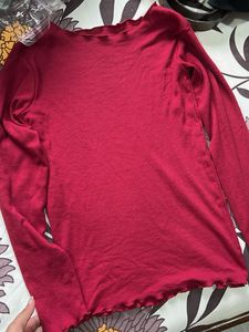 Red Long Sleeve Lettuce Trim Top