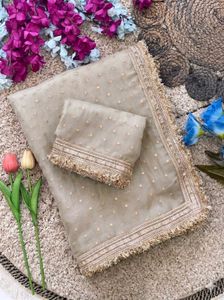 Elegant Beige Saree with Golden Dots