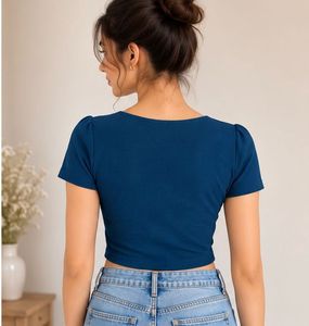 Teal Blue Button-Up Cropped Top