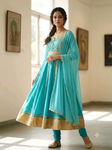 Beautiful Turquoise Kurta Set with Gold Border