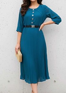 Elegant Teal Pleated Shirt Dress
