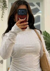 Chic Ruched White Eyelet Top
