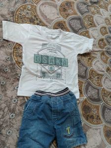 Kids White Osaka T-shirt & Denim Shorts Set