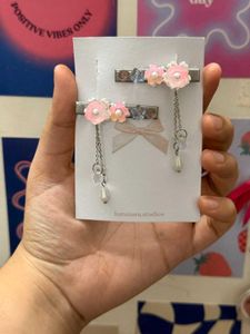 Pair of Blush Bloom Hair Clips with Hanging Pearls