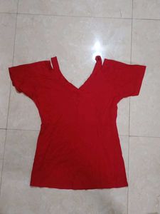 Red Cold Shoulder V-Neck T-Shirt