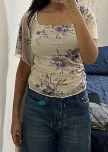 Sheer Floral Bell Sleeve Top