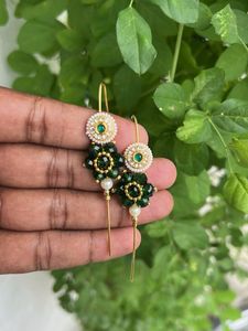 Elegant Green Crystal & Pearl Dangle Earrings