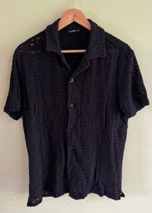 Black Crochet Short Sleeve Shirt