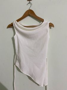 Chic White Asymmetrical Cowlneck Sleeveless Top