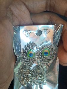 Peacock Jhumka Earrings &amp; Flower Hair Clip