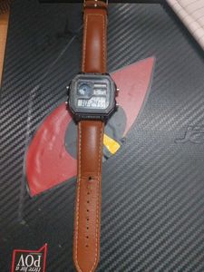 Retro Digital Watch with Brown Leather Strap