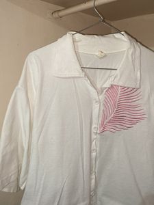 White Feather Embroidered Button-Up Shirt