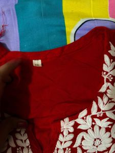 Red Kurta with White Embroidery