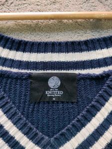 Blue V-Neck Striped Sleeveless Sweater Vest
