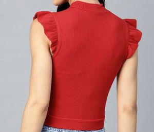 Roadster Crop Maroon Ribbed High Neck Top