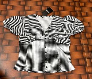 Striped V-Neck Puff Sleeve Top