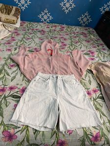 Pink Cropped Hoodie & White Denim Shorts Set
