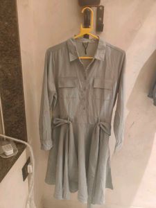 Chic Shirt Dress with Tie Waist- Grey