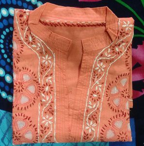 Orange Embroidered Cotton Kurta