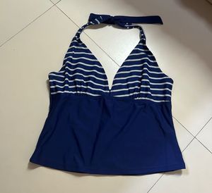 Navy Blue Striped Halter Neck Tankini Top