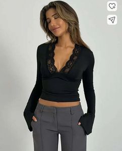 Black Lace Trim Long Sleeve Top