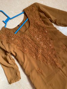 chikankari Kurta with Mirror Work -rustic brown