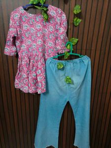 Stylish Pink Printed Kurta with Blue Pants