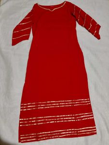 Red Kurta with Golden Stripes and Kuchi Pa