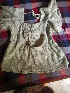 Light Green Lace Blouse with Bow