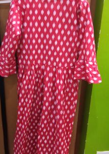 Red Colour Ikkat Frock With High Neck Bell Sleeves
