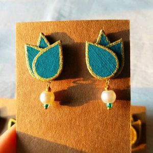 Teal Tulip Fabric Earrings with Pearl Drop